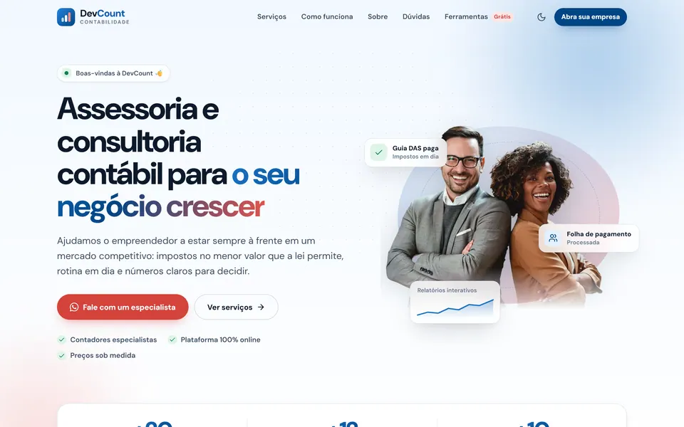 Topo da landing page com chamada principal, destaques do serviço e ilustração